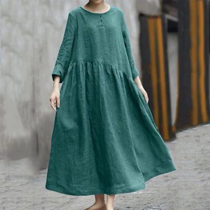 Women Cotton Linen Asymmetrical Loose Long Dress Autumn O-neck Long Sleeve Pocket Baggy Party Dresses JYFS-HS6144