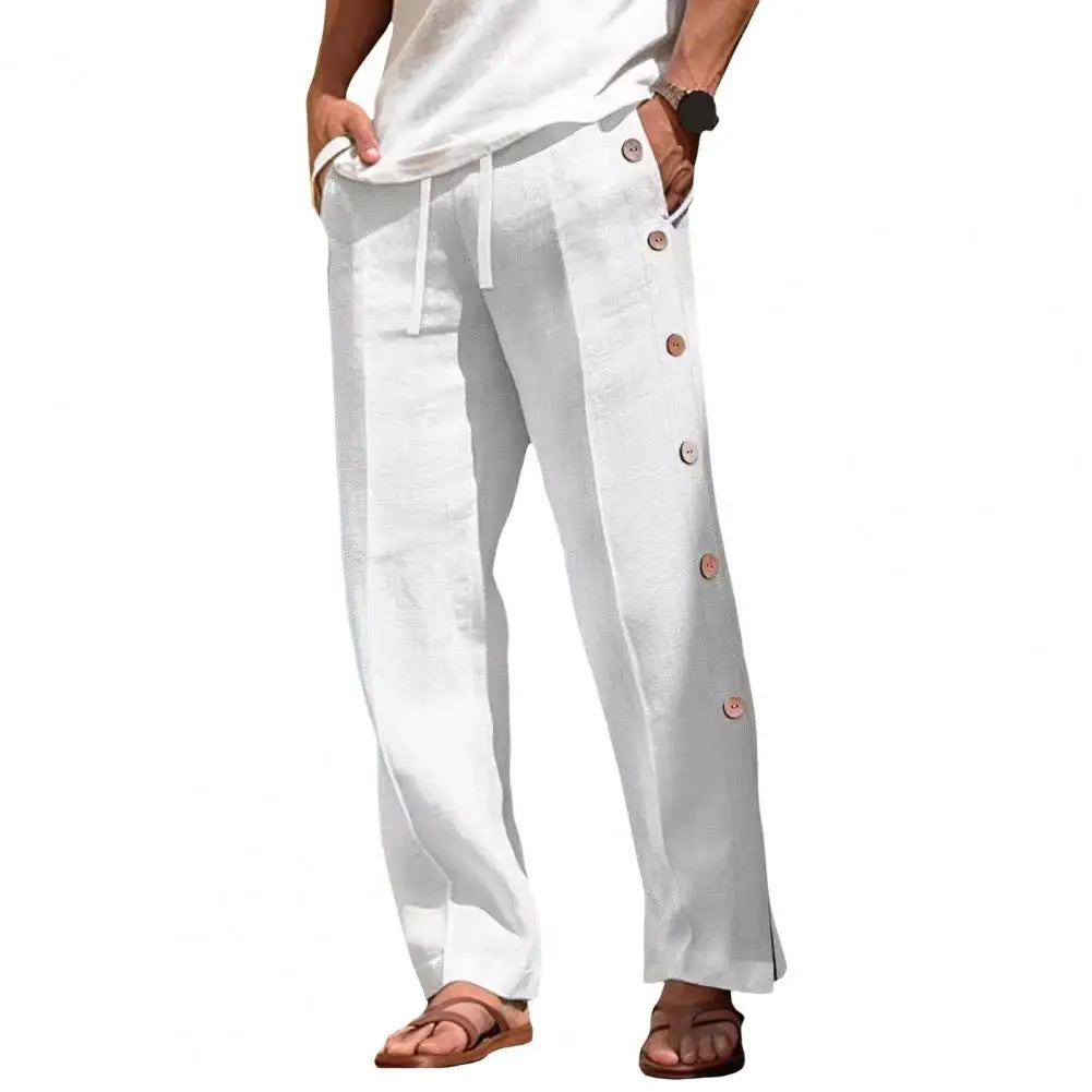 Men Casual Pants Loose Side Pockets Drawstring Elastic Waist Side Button Closure Quick-drying Beach Sweatpants Long Trousers