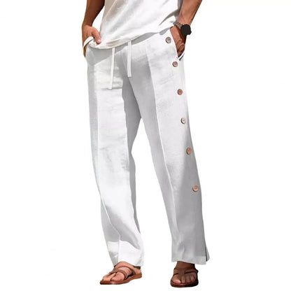 Men Casual Pants Loose Side Pockets Drawstring Elastic Waist Side Button Closure Quick-drying Beach Sweatpants Long Trousers
