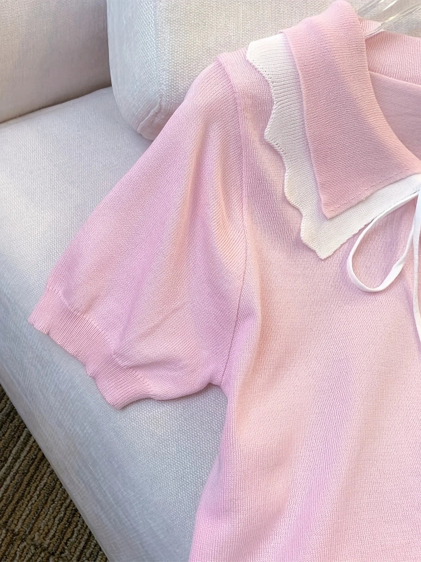 Elegant Short Sleeve Sweater with Lace Up Contrast Trim - Women's Clothing