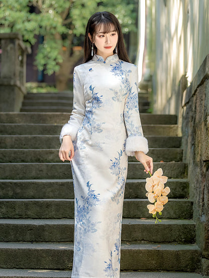 Winter Thiened Fce Lined Young Sle Improved  Chinese Cerc Blue Floral Print Daily Wear Warm Long Sve Dr