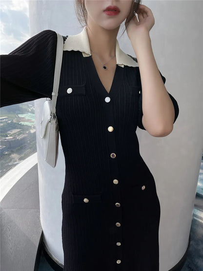 2024 Summer New Korean Style Slim Fit Long Knitted Dress Single Breasted Short Sleeved Fashion Knit Dresses For Women