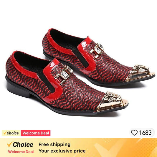 Men's Red Textured Leather Pointed Toe Buckle Dress Shoes Fashion Party Shoes Wedding Stage Formal Designer Footwear