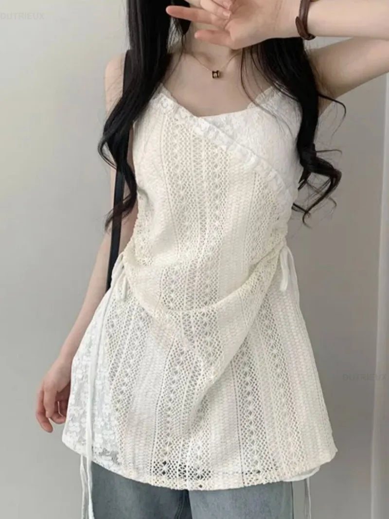Summer Dress Women Chic French Lace Stitching Sling Shirt Stacked Gauze Knitted  Overskirt Inner Wear Base Short