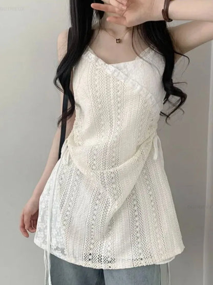 Summer Dress Women Chic French Lace Stitching Sling Shirt Stacked Gauze Knitted  Overskirt Inner Wear Base Short