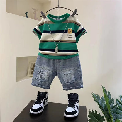Boys Summer 2026 New Boutique Design Outfits Cotton Set Baby Boys Short Sleeve Shirt Jeans Shorts 2pcs Clothing Children 6 7 8Y