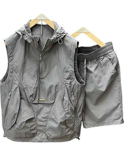 Men's Casual Lightweight Vest orts Two-Piece Set Summer Hat Faion Sun Protection Polyester Fiber Thin Sle Commuting