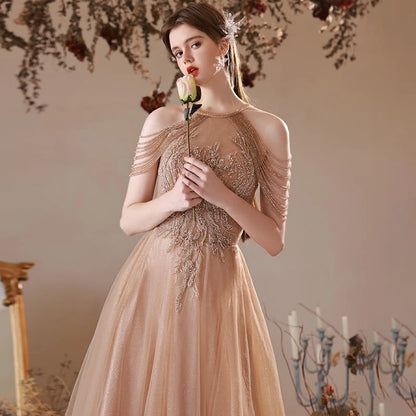 Elegant Champagne Gold Appliques Sleeveless Beaded Tassel Lace-Up A-Line Long Maxi Evening Gown Celebrity Wedding Party Dress