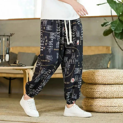 Spring and Summer Chinese Men Loose Printed Beach Thin Over-knee Casual Trousers