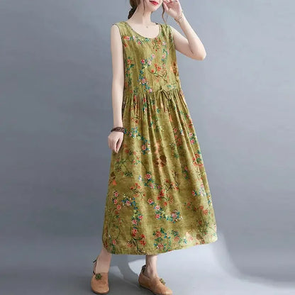 Women Summer Sleeveless Casual Dress New Arrival Vintage Style Floral Print Loose Cotton Linen Female Long Dresses V1069