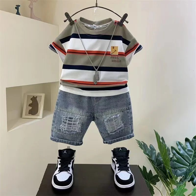 Boys Summer 2026 New Boutique Design Outfits Cotton Set Baby Boys Short Sleeve Shirt Jeans Shorts 2pcs Clothing Children 6 7 8Y