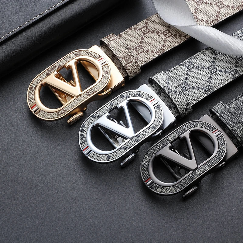New Big "V" Automatic Buckle Men Belt, Fashionable Letter Buckle Waist Belt, Business Casual Leather Belt,Genuine Suit Belt