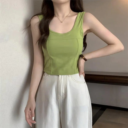 Simple Basic Skinny Vest Women Solid Color Square Neck Slim Crop Top Sleeveless Spicy Girl Style Camisole with Pads Girls