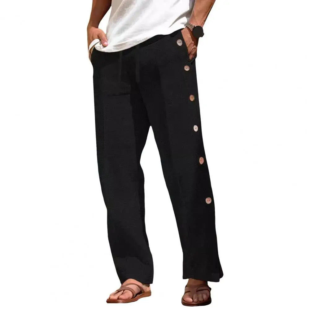 Men Casual Pants Loose Side Pockets Drawstring Elastic Waist Side Button Closure Quick-drying Beach Sweatpants Long Trousers