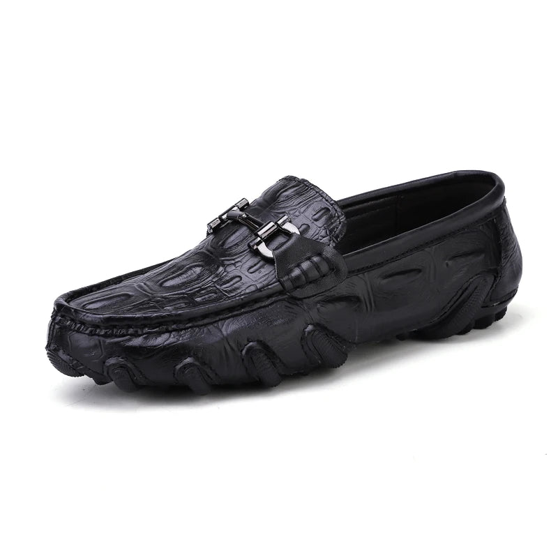 Men Casual Shoes Genuine Leather Crocodile Style Luxury Brand Mens Loafers Moccasins Slip on Black Driving Shoes Plus Size 38-47