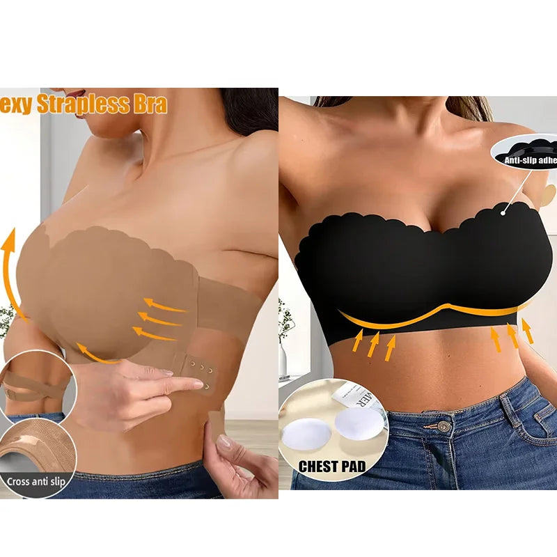 Women's Sexy Strapless Wavy Trim Bandeau Bra Seamless Backless With Side Clasp Ice Silk Top Women Anti-slip Off-shoulder Bra