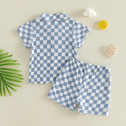 Toddler Baby Boys Summer Outfit Fashionable Plaid Short Sleeve Lapel Shirt with Shorts 2Pcs Set