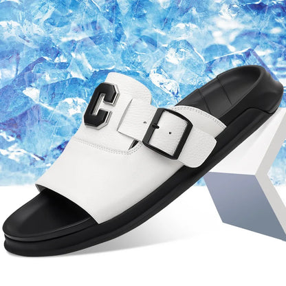 Men Outwear Genuine Leather Slippers for Men Fashion Buckle Designer Summer Flip-flops Male Casual Non-slip Beach Shoes Man