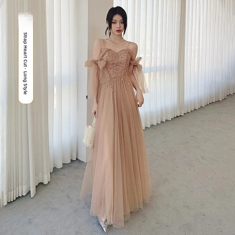 Champagne Color Maids Dr Long Sve Women's Sle Summer New Faion Simple Ele Long Silhouette Sister's up Gown