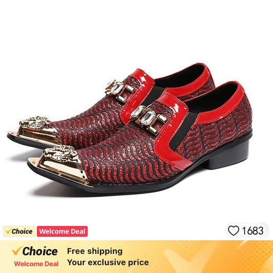Men's Red Textured Leather Pointed Toe Buckle Dress Shoes Fashion Party Shoes Wedding Stage Formal Designer Footwear