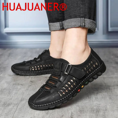 2025 Summer Men Sandals Leisure Breathable Comfort Mens Beach Shoes Fashion Solid Hand Sewn Male Flat Casual NEW Leather Sandals