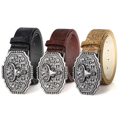 Western Cowboy Style Vintage Casual Belts - Ox Head Carved Buckle & Bohemian Print, Perfect For Daily Commute & Dating Outfits