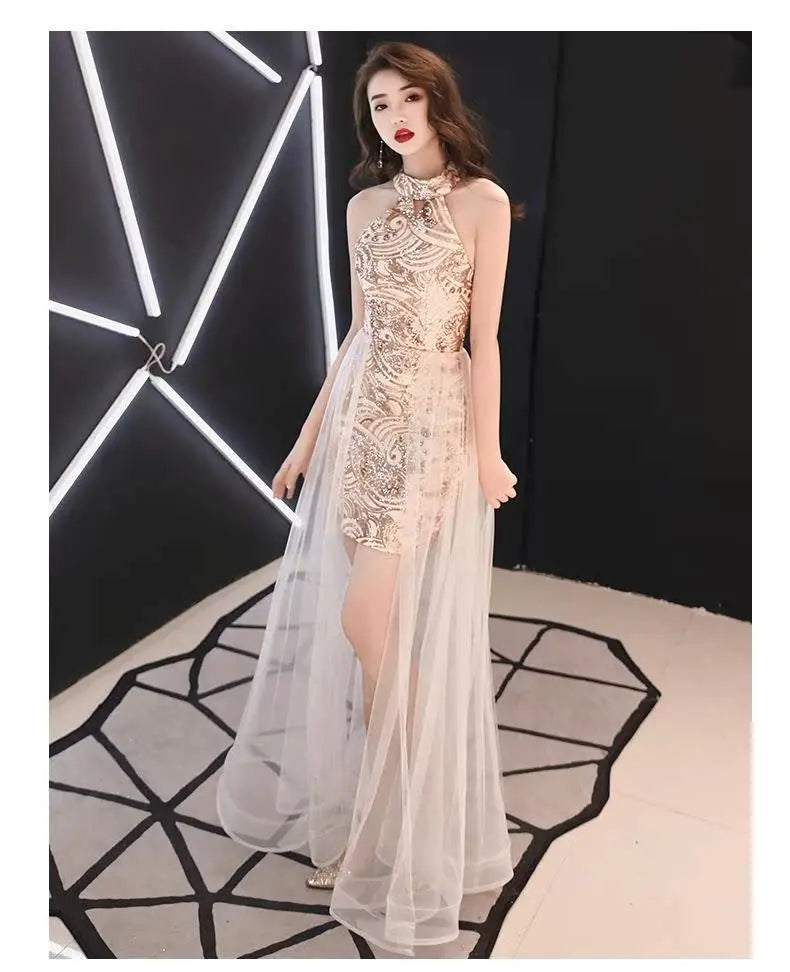 Gold ort Evening Dr Women's 2024 New Queen Aosphere Sexy Birthday Par Banquet High Waist Princ Sle Polyester Fiber