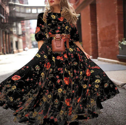 Spring Summer Vintage Flower Floral Print Maxi Dress Office Lady Fashion Elegant Long Sleeve O-neck Dresses For Women 2024