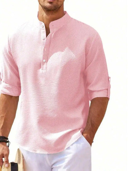 Men's Short Sleeve Henley Shirt, Striped Waffle Knit, Lightweight & Breathable for Summer Casual Wear