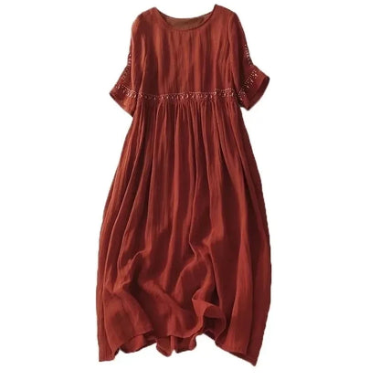 Summer New Women's Cotton and Linen Dress Ethnic Style Embroidery Temperament Round Neck Midi Skirt Loose and Casual White Dress