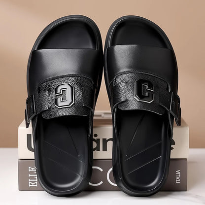 Men's Genuine Leather Non-Slip Breathable Slippers  Male Simple Soft-Soled Beach Shoes Outdoor Comfortable Walking Roman Sandals