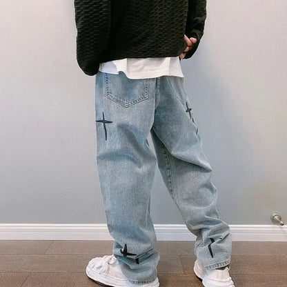 Men's 2023 New Streetwear Baggy Wide Leg Jeans Ko Print Pattern Comfortable Fit Casual Trousers for Men