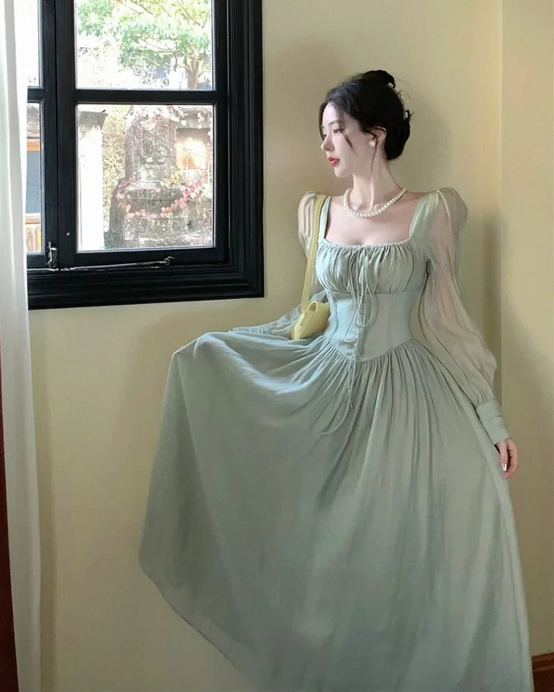 Elegant Princess Party Dress Women High Waist A-line Lace Up Autumn Spring French Vintage Prom Robe Fairy Vestidos Mujer Платье