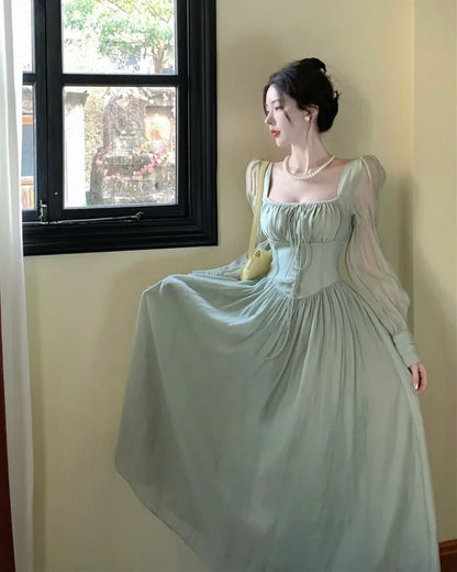 Elegant Princess Party Dress Women High Waist A-line Lace Up Autumn Spring French Vintage Prom Robe Fairy Vestidos Mujer Платье