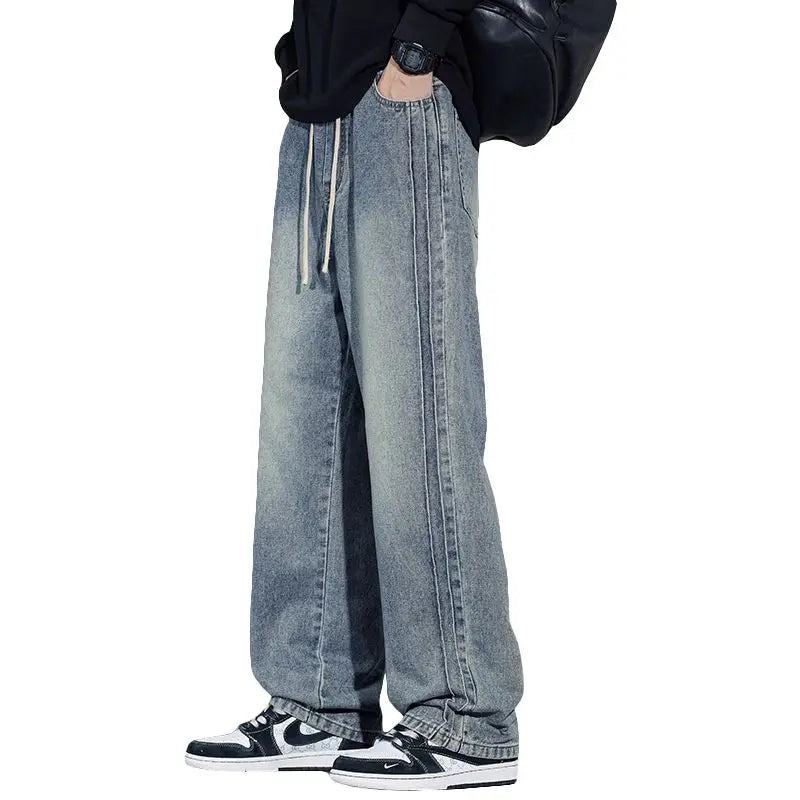 Elastic Loose Straight Jeans Men's Wide Legged Denim Pants Casual Trousers Korean Style Sportswear Clothing Jeans Men Pants
