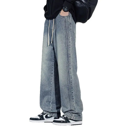 Elastic Loose Straight Jeans Men's Wide Legged Denim Pants Casual Trousers Korean Style Sportswear Clothing Jeans Men Pants