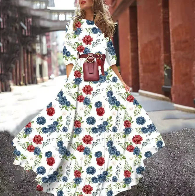 Spring Summer Vintage Flower Floral Print Maxi Dress Office Lady Fashion Elegant Long Sleeve O-neck Dresses For Women 2024