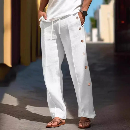Men Casual Pants Loose Side Pockets Drawstring Elastic Waist Side Button Closure Quick-drying Beach Sweatpants Long Trousers