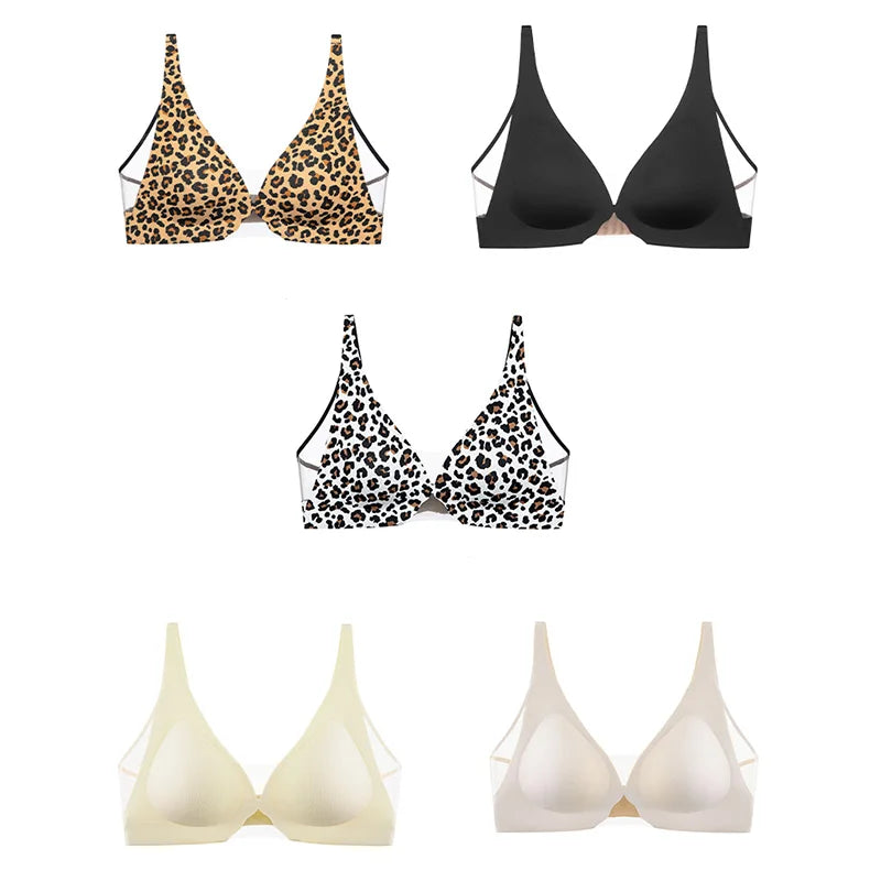 Leopard Print Sexy Hollow Mesh Backless Bra Women's Seamless Breathable Thin Sensation Gathering  Underwear Wireless Bra