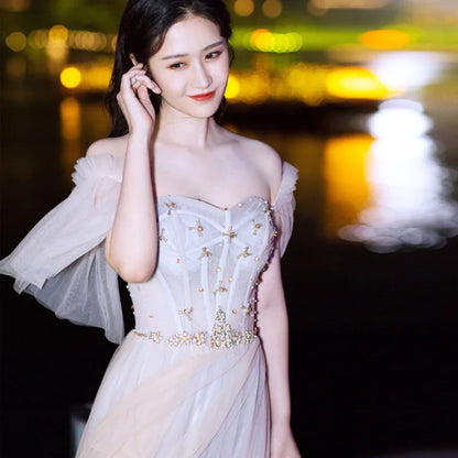 A8139 Dropship Beautiful Banquet Evening Dress Sweet Memory Floor Length Tulle Black Grey Celebrity Birthday Dresses