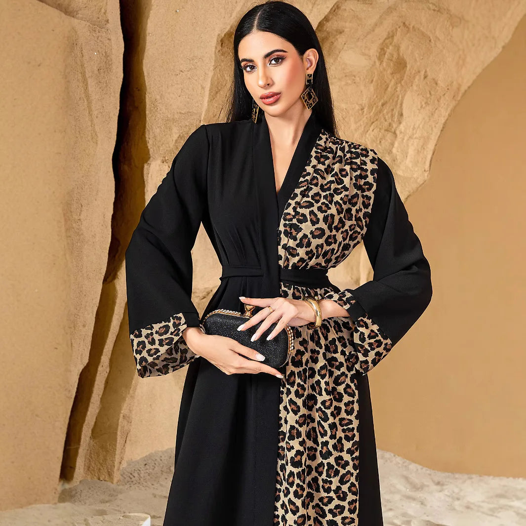 Women's Leopard Spliced V-neck Long Sleeve Ankle Length Cardigans with Sashes Middle East Female Plus Size Clothes Abaya Dress
