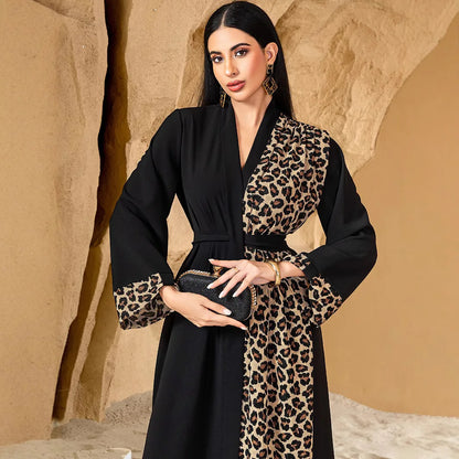 Women's Leopard Spliced V-neck Long Sleeve Ankle Length Cardigans with Sashes Middle East Female Plus Size Clothes Abaya Dress