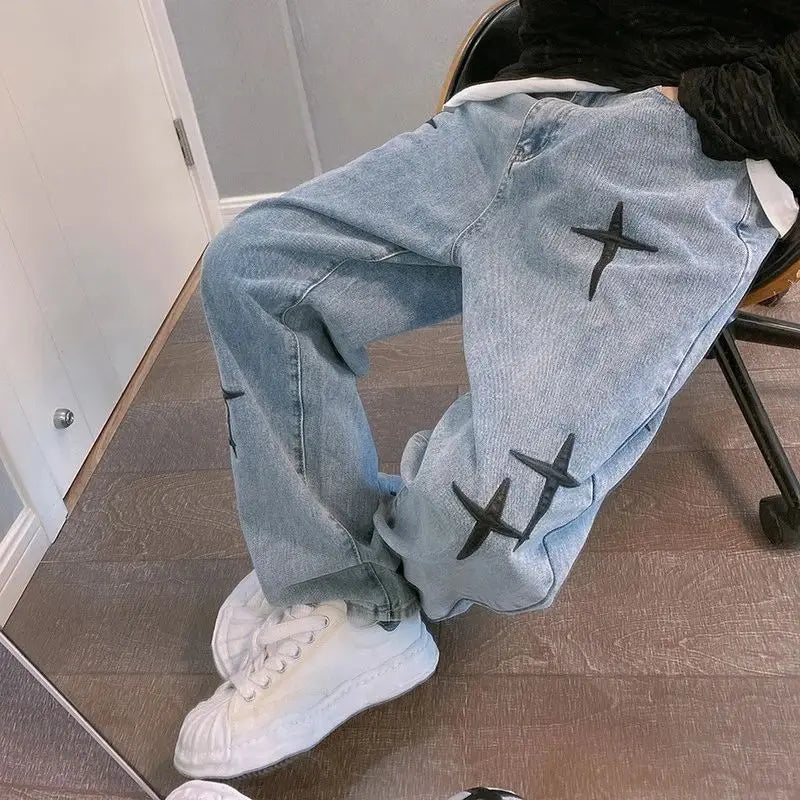 Men's 2023 New Streetwear Baggy Wide Leg Jeans Ko Print Pattern Comfortable Fit Casual Trousers for Men