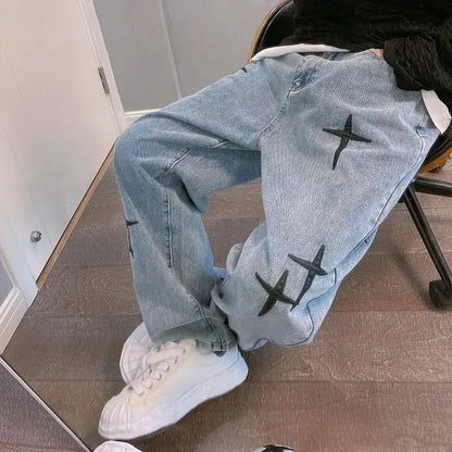Men's 2023 New Streetwear Baggy Wide Leg Jeans Ko Print Pattern Comfortable Fit Casual Trousers for Men
