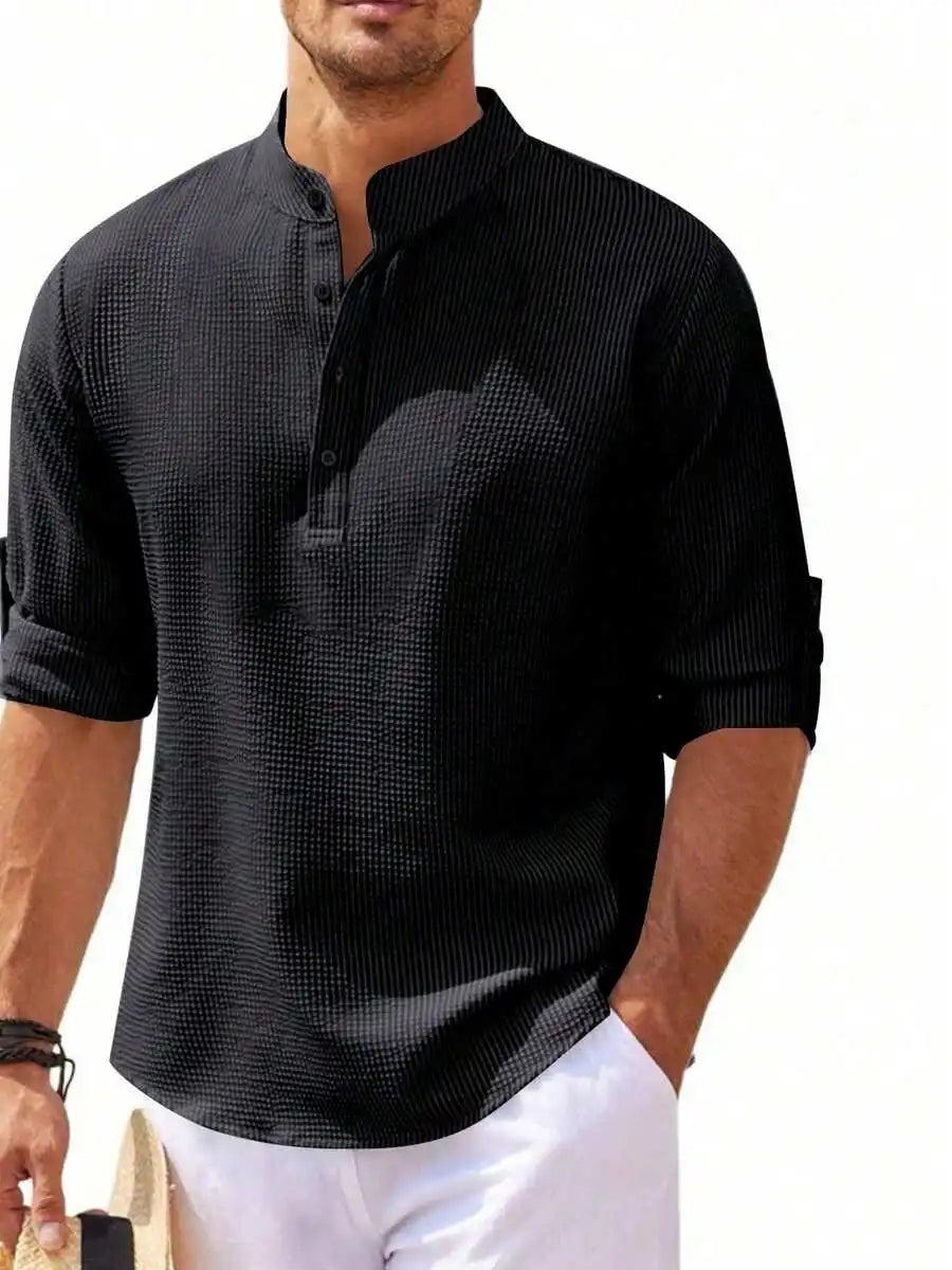 Men's Short Sleeve Henley Shirt, Striped Waffle Knit, Lightweight & Breathable for Summer Casual Wear
