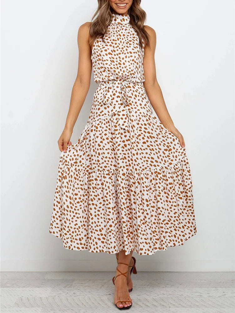 Boho Long Dress Women Flower Print Retro Party Dresses Female Shoulderless Lace Up Sleeveless Halter Summer Vintage Maxi Dress