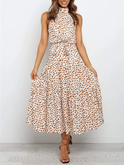 Boho Long Dress Women Flower Print Retro Party Dresses Female Shoulderless Lace Up Sleeveless Halter Summer Vintage Maxi Dress