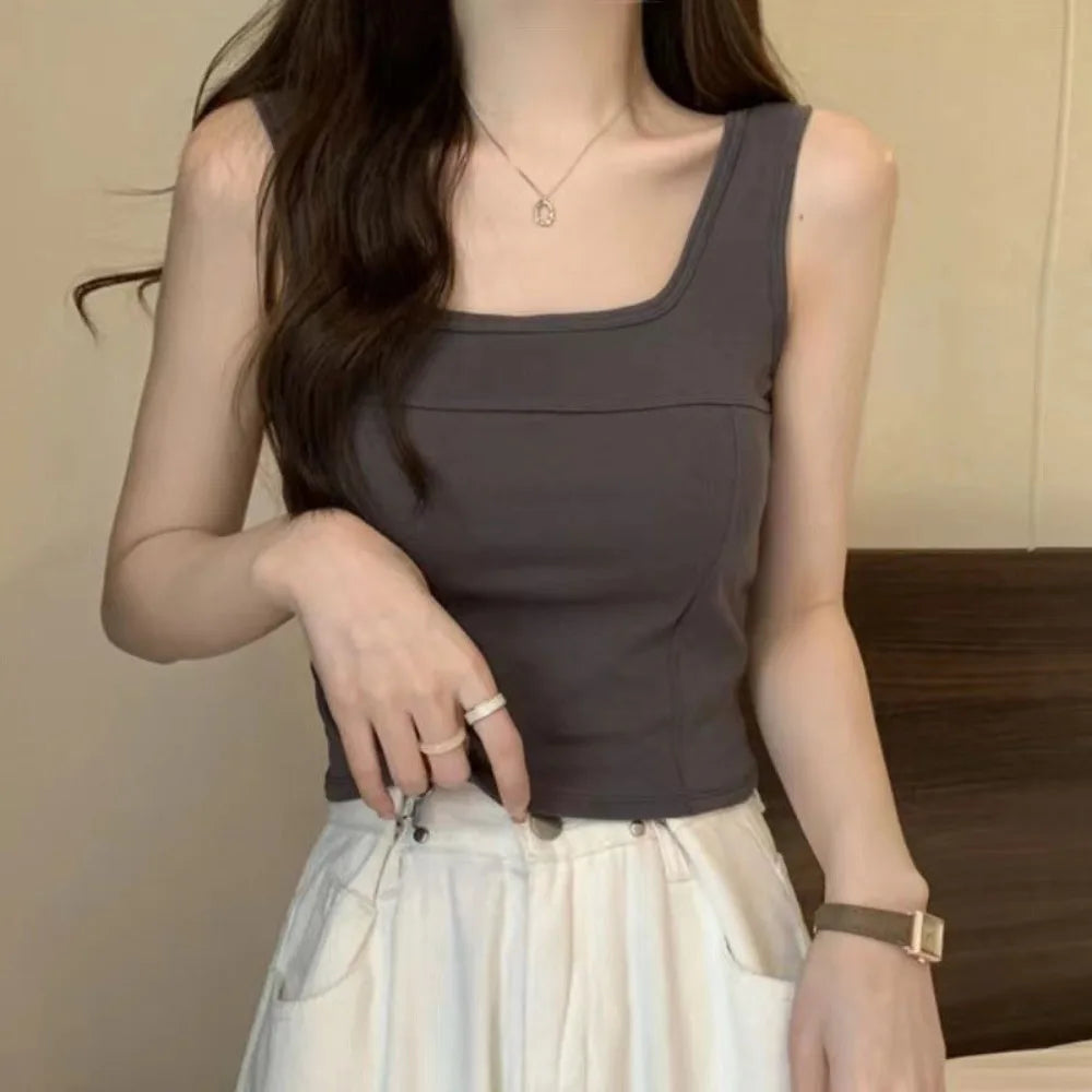 Simple Basic Skinny Vest Women Solid Color Square Neck Slim Crop Top Sleeveless Spicy Girl Style Camisole with Pads Girls