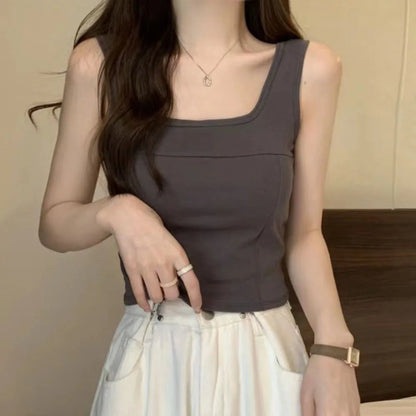 Simple Basic Skinny Vest Women Solid Color Square Neck Slim Crop Top Sleeveless Spicy Girl Style Camisole with Pads Girls
