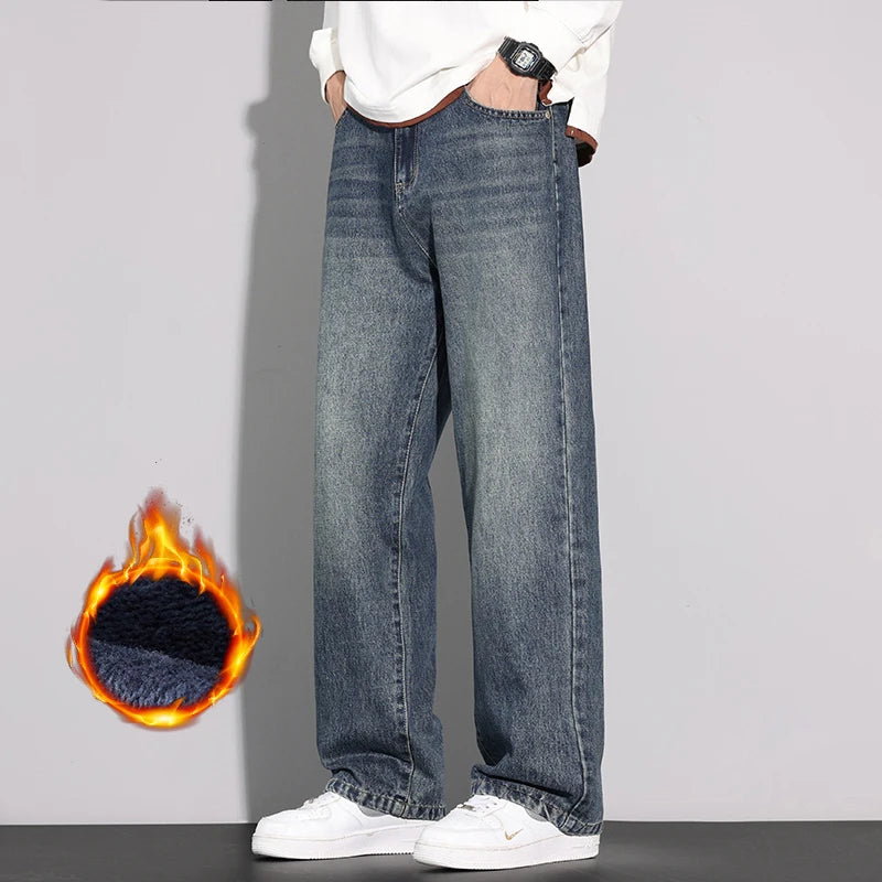 Fleece Jeans Men's Winter Fashion Straight Loose Thick Fleece Trousers Casual Vintage Streetwear Male Warm Plush Denim Pants